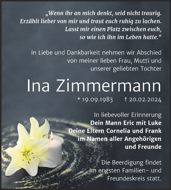 Traueranzeige von Ina Zimmermann von Trauerkombi Wittenberg