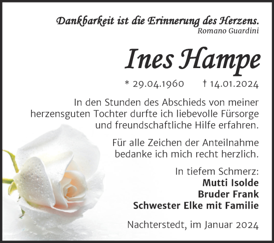 Traueranzeige von Ines Hampe von Trauerkombi Aschersleben
