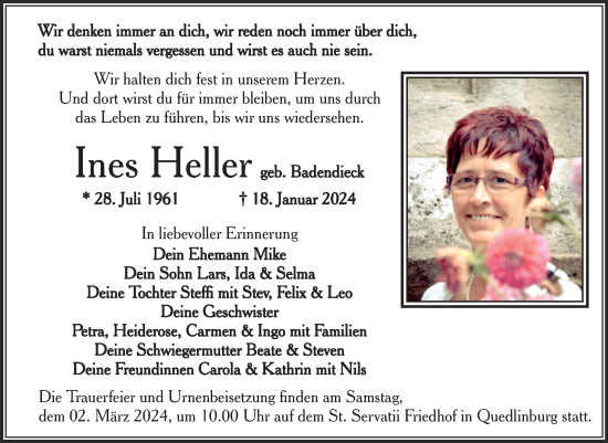 Traueranzeige von Ines Heller von Trauerkombi Quedlinburg