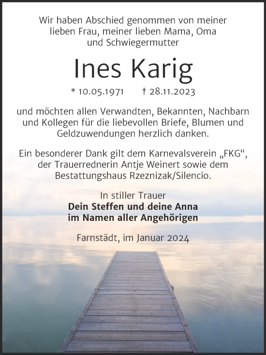 Traueranzeige von Ines Karig von Trauerkombi Merseburg