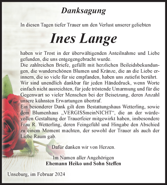Traueranzeige von Ines Lange 