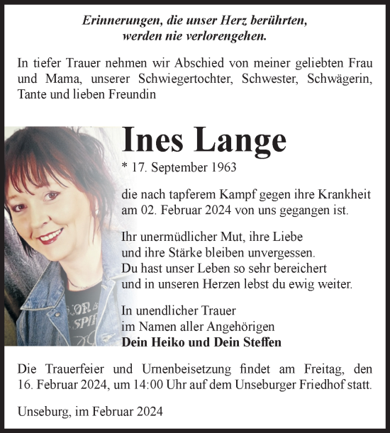 Traueranzeige von Ines Lange 