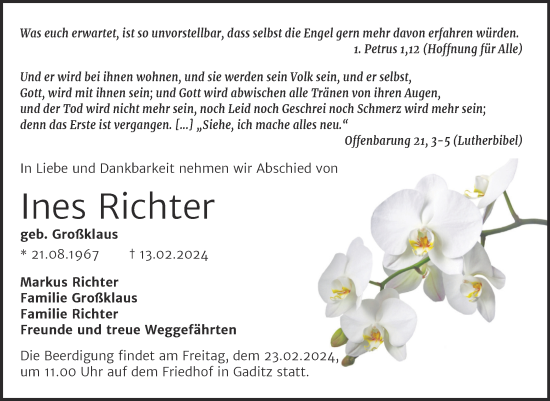 Traueranzeige von Ines Richter von Trauerkombi Wittenberg