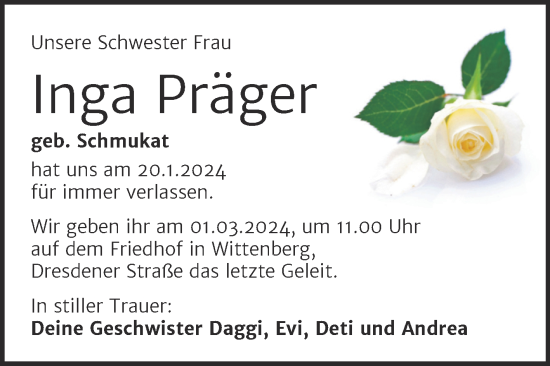 Traueranzeige von Inga Präger von Trauerkombi Wittenberg