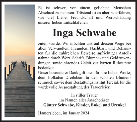 Traueranzeige von Inga Schwabe von Volksstimme Oschersleben/Wanzleben