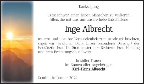 Traueranzeige von Inge Albrecht von Volksstimme Burg/Genthin