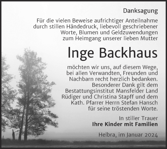Traueranzeige von Inge Backhaus von Trauerkombi Mansfelder Land