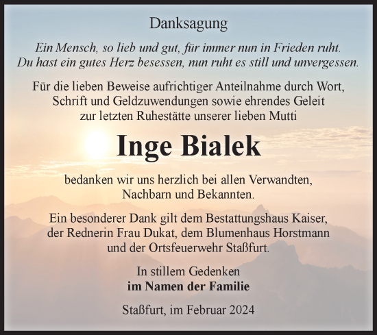 Traueranzeige von Inge Bialek von Volksstimme Staßfurt