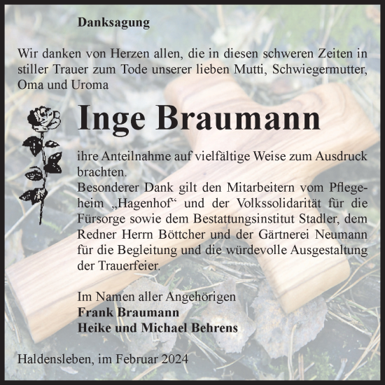 Traueranzeige von Inge Braumann von Volksstimme Haldensleben/Wolmirstedt