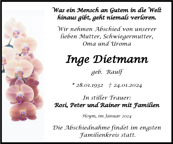 Traueranzeige von Inge Dietmann von Trauerkombi Aschersleben