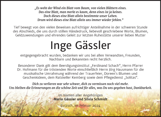 Traueranzeige von Inge Gässler von Trauerkombi Wittenberg
