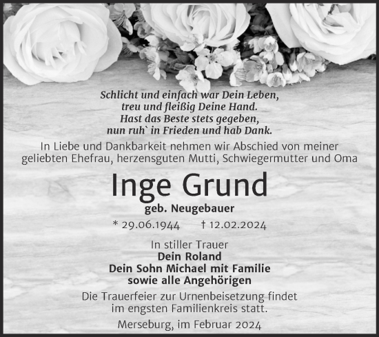 Traueranzeige von Inge Grund von Trauerkombi Merseburg