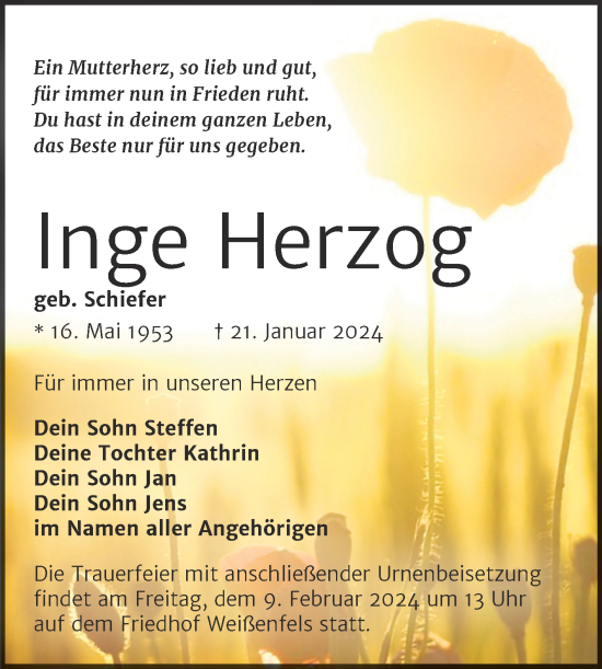 Traueranzeige von Inge Herzog von Trauerkombi Weißenfels