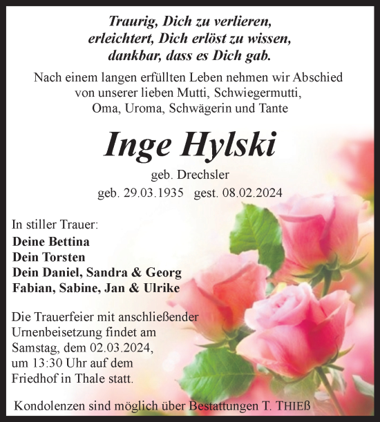 Traueranzeige von Inge Hylski von Trauerkombi Quedlinburg