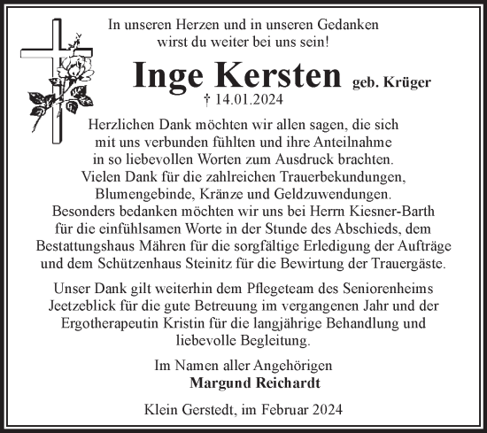 Traueranzeige von Inge Kersten von Volksstimme Altmark West
