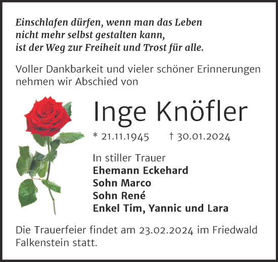 Traueranzeige von Inge Knöfler von Mitteldeutsche Zeitung Bernburg