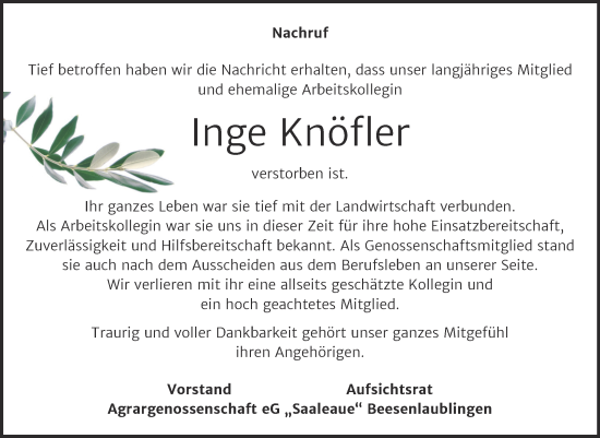 Traueranzeige von Inge Knöfler von Super Sonntag Bernburg