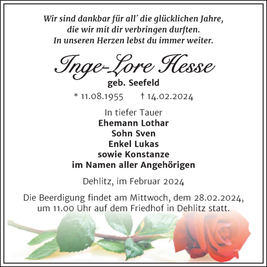 Traueranzeige von Inge-Lore Hesse von Mitteldeutsche Zeitung Weißenfels