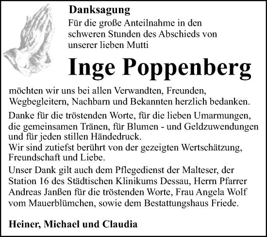 Traueranzeige von Inge Poppenberg von Trauerkombi Dessau
