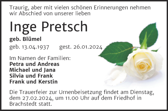 Traueranzeige von Inge Pretsch von Mitteldeutsche Zeitung Halle/Saalkreis