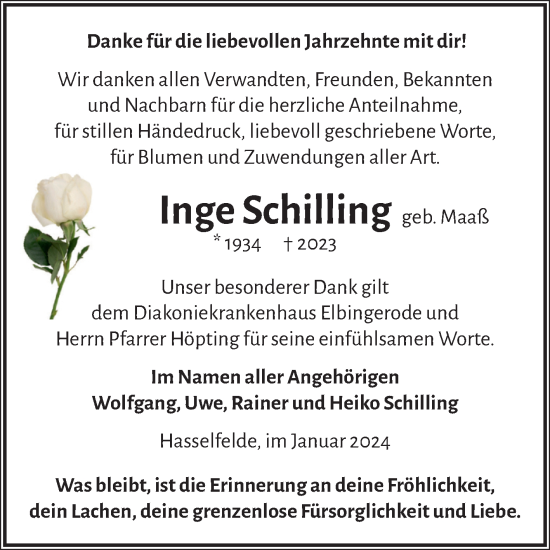 Traueranzeige von Inge Schilling von Volksstimme Wernigerode