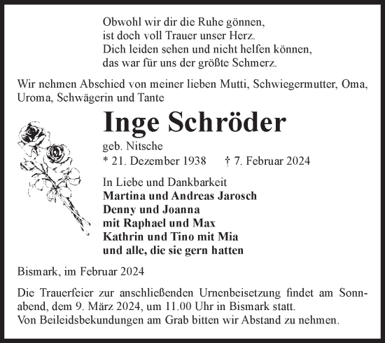 Traueranzeige von Inge Schröder von Volksstimme Altmark Ost
