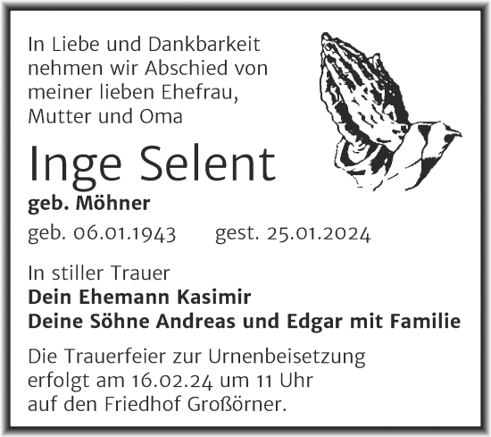 Traueranzeige von Inge Selent von Trauerkombi Mansfelder Land
