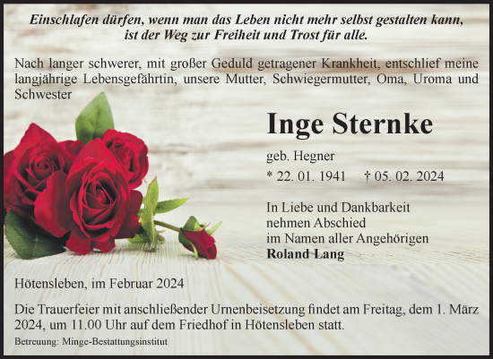 Traueranzeige von Inge Sternke von Volksstimme Oschersleben/Wanzleben