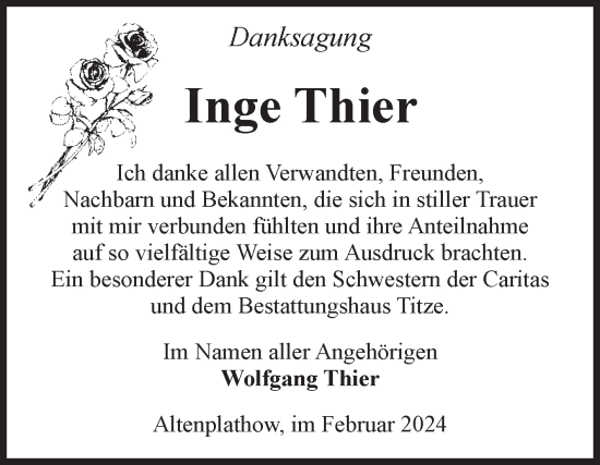 Traueranzeige von Inge Thier von Volksstimme Burg/Genthin