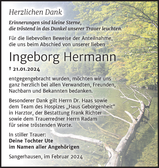 Traueranzeige von Ingeborg Hermann von Trauerkombi Sangerhausen