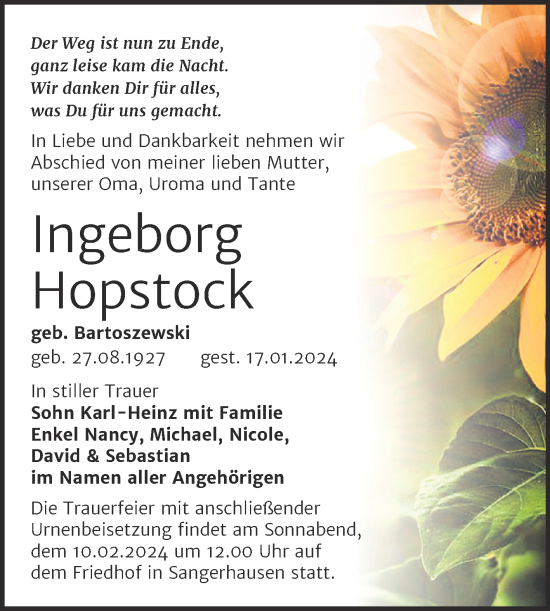 Traueranzeige von Ingeborg Hopstock von Trauerkombi Sangerhausen