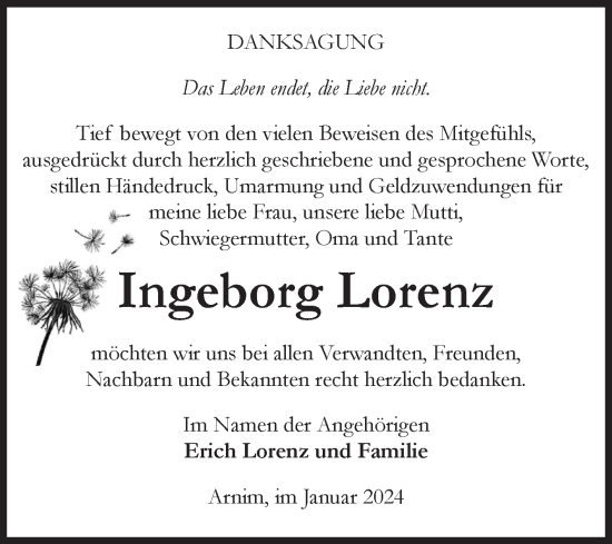 Traueranzeige von Ingeborg Lorenz von Volksstimme Altmark Ost