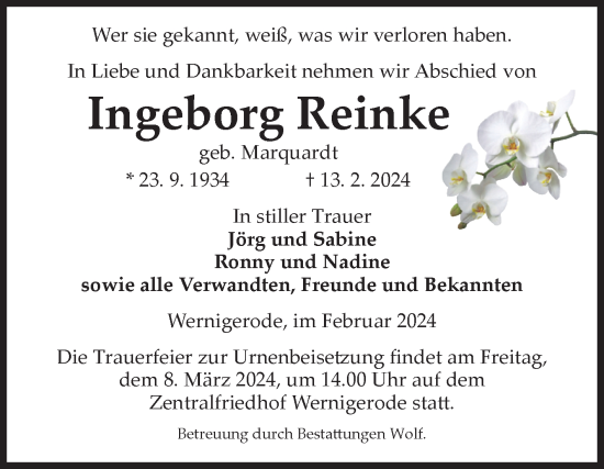 Traueranzeige von Ingeborg Reinke von Volksstimme Wernigerode