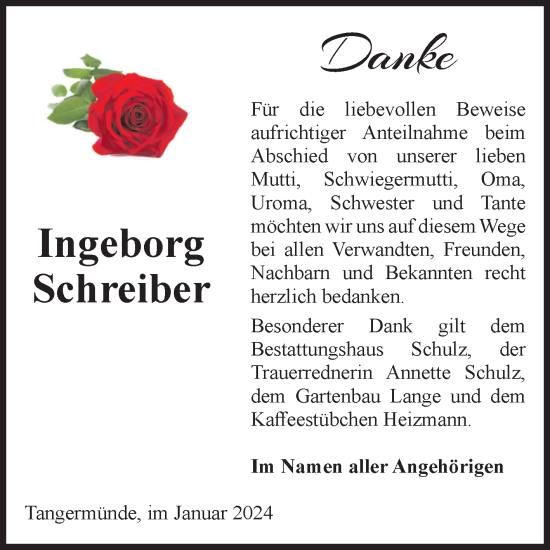 Traueranzeige von Ingeborg Schreiber von Volksstimme Altmark Ost