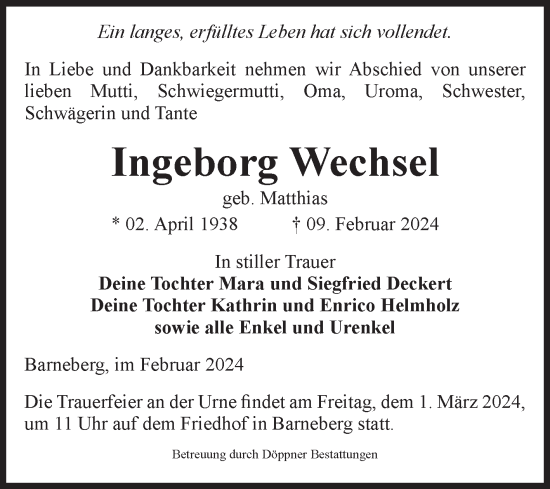 Traueranzeige von Ingeborg Wechsel von Volksstimme Oschersleben/Wanzleben