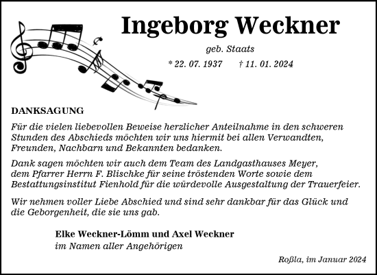 Traueranzeige von Ingeborg Weckner von Trauerkombi Sangerhausen