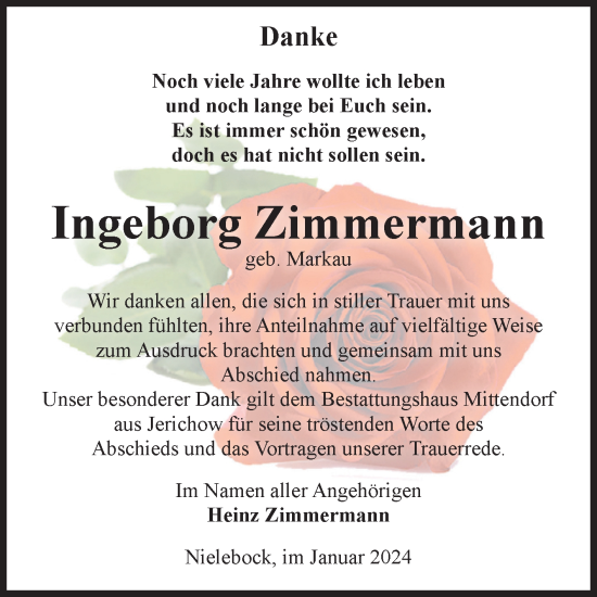 Traueranzeige von Ingeborg Zimmermann von Volksstimme Burg/Genthin