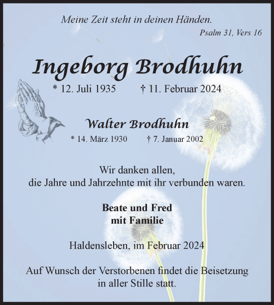 Traueranzeige von Ingeborg und Walter Brodhuhn von Volksstimme Haldensleben/Wolmirstedt