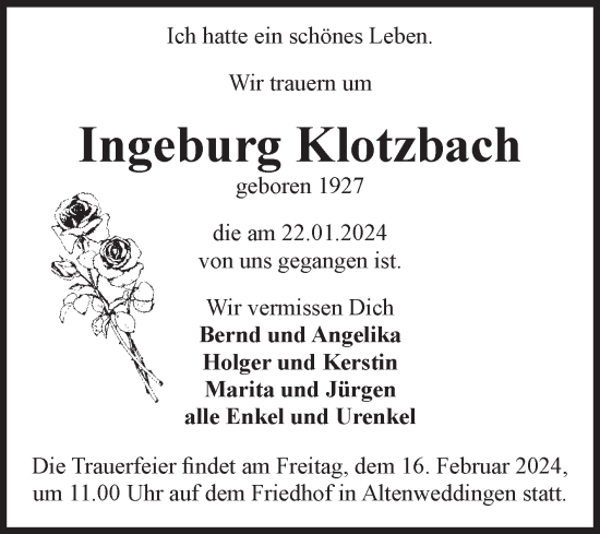 Traueranzeige von Ingeburg Klotzbach von Volksstimme Magdeburg