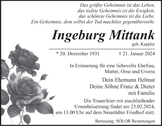Traueranzeige von Ingeburg Mittank von Volksstimme Magdeburg