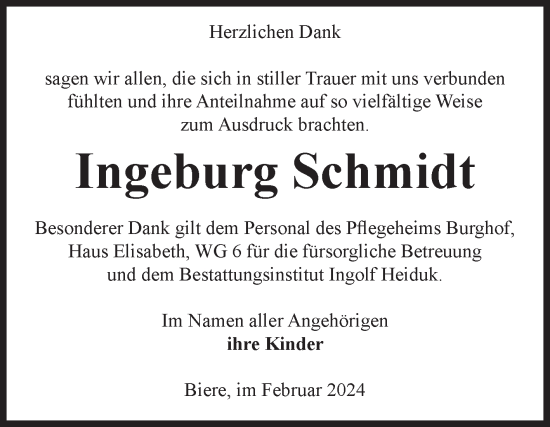 Traueranzeige von Ingeburg Schmidt von Volksstimme Schönebeck