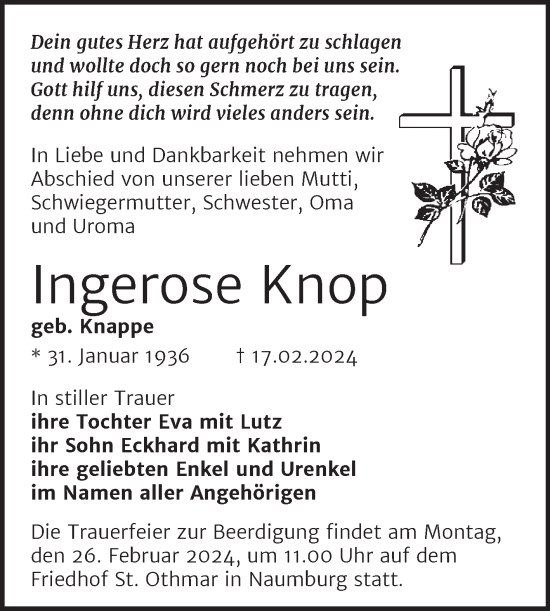 Traueranzeige von Ingerose Knop von Naumburger Tageblatt