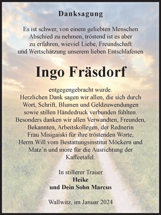 Traueranzeige von Ingo Fräsdorf von Volksstimme Burg/Genthin