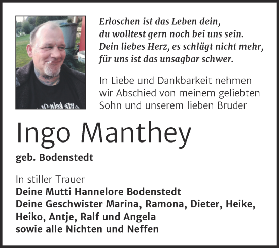 Traueranzeige von Ingo Manthey von Trauerkombi Dessau