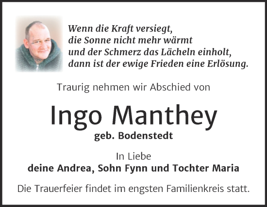 Traueranzeige von Ingo Manthey von Trauerkombi Dessau