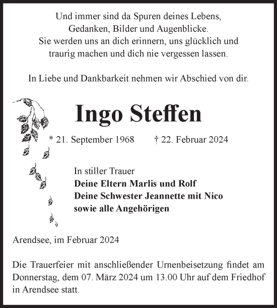 Traueranzeige von Ingo Steffen von Volksstimme Altmark West