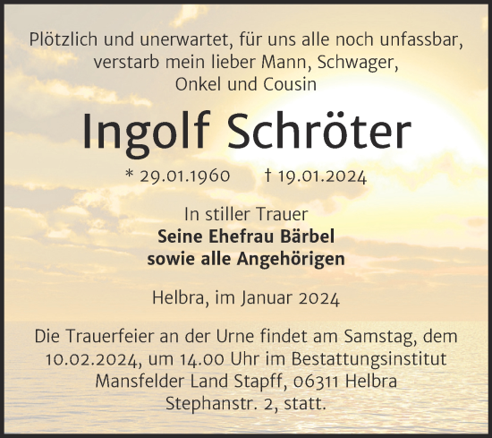 Traueranzeige von Ingolf Schröter von Trauerkombi Mansfelder Land
