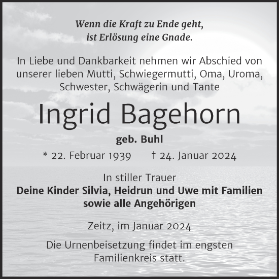 Traueranzeige von Ingrid Bagehorn von Trauerkombi Zeitz