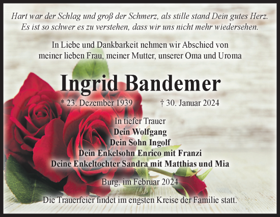 Traueranzeige von Ingrid Bandemer von Volksstimme Burg/Genthin