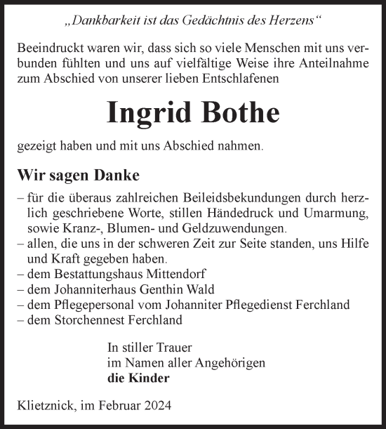 Traueranzeige von Ingrid Bothe von Volksstimme Burg/Genthin